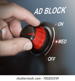 Hand turning content filtering switch to medium position. Ad blocker concept. Composite image between a hand photography and a 3D background.