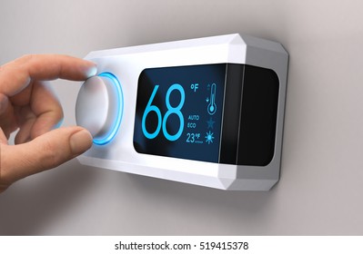 Hand turning a home thermostat knob to set temperature on energy saving mode. fahrenheit units. Composite image between a photography and a 3D background.