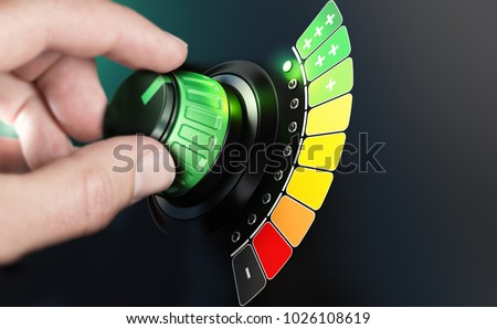 Hand turning a knob with efficiency scale from black and red to green color. Composite image between a hand photography and a 3D background.