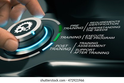 Hand turning a knob with gears symbols and different program steps. Concept of online training process. Composite image between a photography and a 3D background.