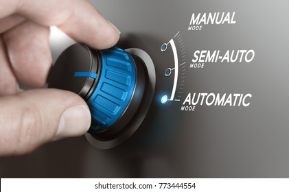 Hand Turning A Knob Over Grey Background And Selecting The Automatic Mode. Manufacturing Process Automation, Automatic Testing Concept. Composite Image Between A Hand Photography And A 3D Background