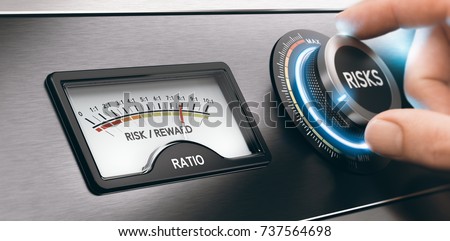 Hand turning a knob to select low risks investment. Concept of risk and reward ratio. Composite image between a hand photography and a 3D background.