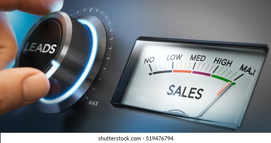 Hand turning a knob to set number of leads to the maximum to generate more sales. Composite image between a photography and a 3D background. Horizontal orientation. - Shutterstock ID 519476794