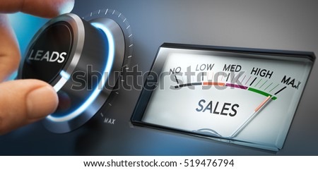 Hand turning a knob to set number of leads to the maximum to generate more sales. Composite image between a photography and a 3D background. Horizontal orientation.