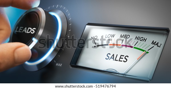 Hand turning a knob
to set number of leads to the maximum to generate more sales.
Composite image between a photography and a 3D background.
Horizontal orientation.