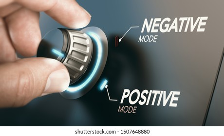 Hand Turning A Knob To Switch From Negative To Positive Mindset. Psychology Concept. Composite Image Between A Photography And A 3D Background.