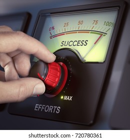 Hand turning a knob with the word efforts to the maximum to achieve goals. Success concept. Composite image between a hand photography and a 3D background. - Shutterstock ID 720780361