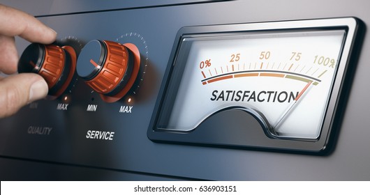 Hand turning knobs with the texts quality and service to improve customer relationship. Composite between a photography and a 3D background. Marketing concept.  - Shutterstock ID 636903151