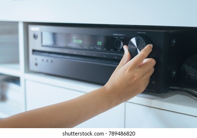 Hand Turning On Home-theater Amplifier System,Home Audio System