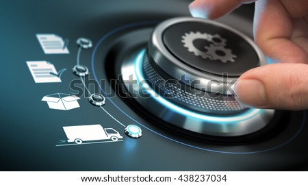 Hand turning a process knob with gears symbols. Concept of e-commerce. Composite image between a photography and a 3D background.