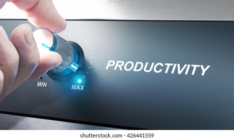 Hand turning a productivity knob. Concept for productivity management. Composite image between an photography and a 3D background.