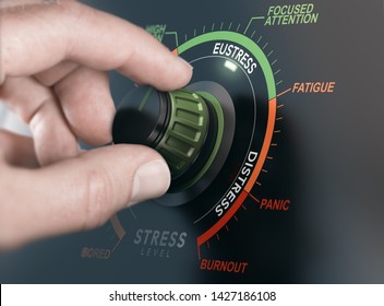 Hand turning a switch to manage stress level and setting it to eustress instead of distress. Composite between a photography and a 3D background. - Shutterstock ID 1427186108