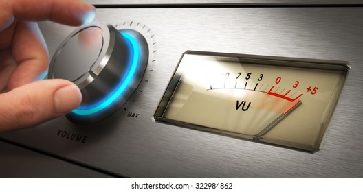 Hand turning the volume knob of an amplifier up to the maximum, Concept image for noisy environment or hearing problems - Shutterstock ID 322984862