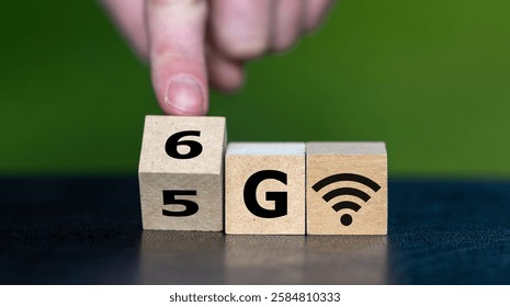 Hand turns cube and changes the expression '5G' to '6G'.
Symbol for a faster wireless internet connection.