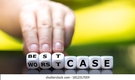 Hand turns dice and changes the expression "worst case" to "best case". - Shutterstock ID 1812317059