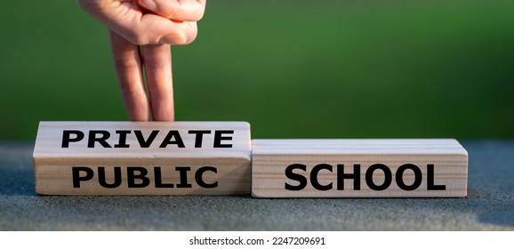 Hand turns dice and changes the expression 'public school' to 'private school'.