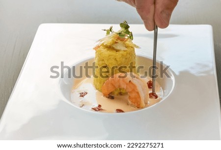 Hand with tweezers garnishing a gourmet dish from saffron risotto with herb topping, a large prawn and crustacean sauce in a modern white plate, copy space, selected focus, narrow depth of field