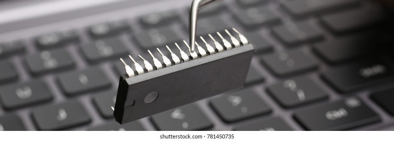 Hand With Tweezers Holds The Chip Above The Keyboard Of The Laptop