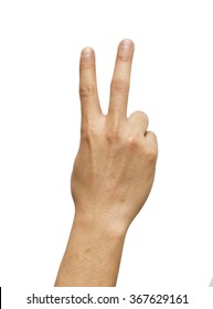 Hand with two fingers up in the peace or victory symbol. Also the sign for the letter V in sign language. Isolated on white.
