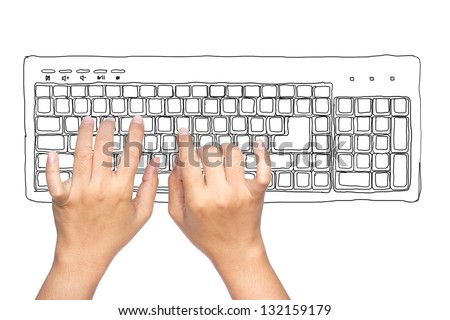 Hand typing computer keyboard isolated on white