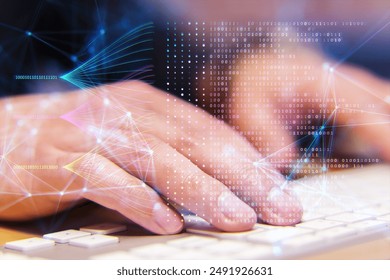 A hand typing on a keyboard with digital network and binary code overlay, symbolizing technology and data processing on a bokeh background