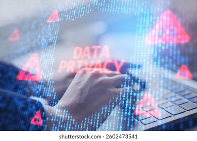 Hand typing on a keyboard with holographic digital data, neon blue binary code, and red warning symbols. Concept of cybersecurity and privacy