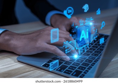 hand typing on laptop computer with holographic AI technology icons overlay. Concept of artificial intelligence, machine learning, data analysis, digital innovation, and future technology trends