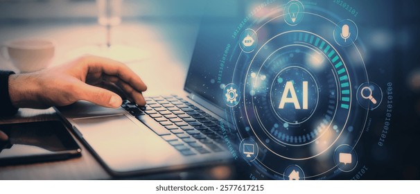 Hand typing on laptop with glowing AI interface, surrounded by icons and binary code on a blue background. Symbolizing AI and technology