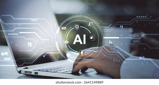 Hand typing on laptop with glowing AI interface, futuristic digital style, blurred background, concept of artificial intelligence and data tech
