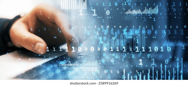 Hand typing on a laptop keyboard with a digital overlay of binary code, stats, and data charts on a blurred background, representing virtual analytics