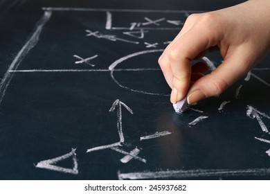 Hand under blackboard with scheme football game, closeup