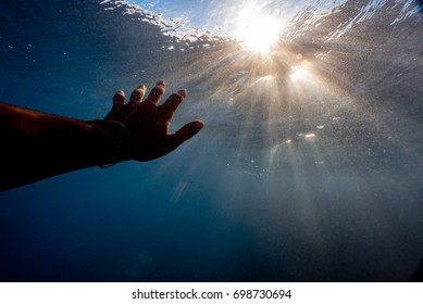Hand underwater reaching for sunlight - Shutterstock ID 698730694