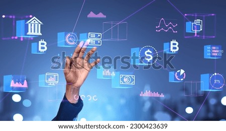 Hand of unrecognizable businessman using immersive decentralized exchange interface in blurry city. Concept of cryptocurrency