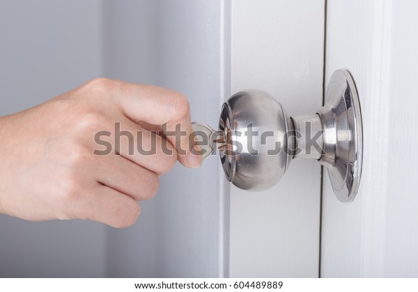 Hand Use Key Unlocking Door Knob Stock Photo Edit Now