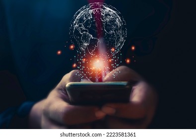 Hand use mobile phone and circle network communication technology for global.Data in the global computer social.telecommunication,earth cryptocurrency,Metaverse.