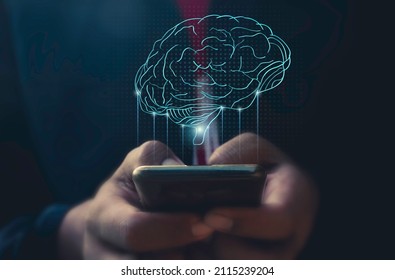 Hand use mobile phone and human head with line brain network technology for global.Data in the global computer social.Digital data,ai,science.Vector Technology background and Artificial intelligence. - Shutterstock ID 2115239204