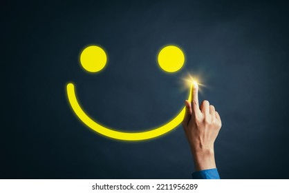 Hand User Businessman Touch Giving Smiley Face Best Rating Customer Feedback And Evaluation In Experience Service And Product. Excellent Rating. Good Business Network Score.