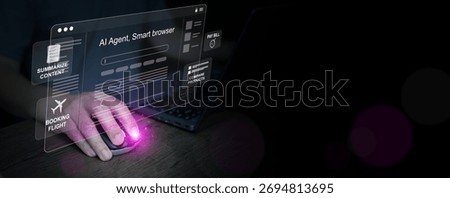 Hand using AI smart browser for multitasking operations including summarizing content, online booking, and product comparison. Artificial intelligence making smart decision for the users.