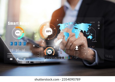 Hand using AI smart tablet with smart home app on the room, circular interface of the smart home automation assistant on the virtual screen and user touches the button, smart home digital interface 