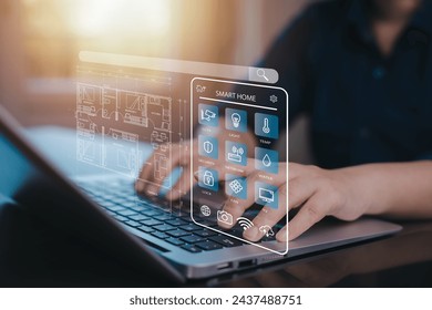 Hand using AI smart tablet with smart home app on the room, circular interface of the smart home automation assistant on the virtual screen and user touches the button, smart home digital interface  - Powered by Shutterstock - Get 15% off with code: PIKWIZARD15