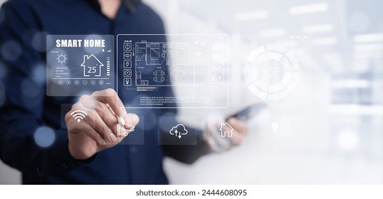 Hand using AI smart tablet with smart home app on the room, circular interface of the smart home automation assistant on the virtual screen and user touches the button, smart home digital interface 
