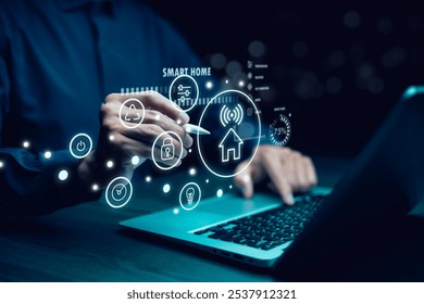 Hand using AI smart tablet with smart home app on the room, circular interface of the smart home automation assistant on the virtual screen and user touches the button, smart home digital interface  - Powered by Shutterstock