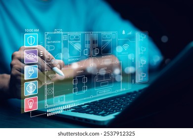 Hand using AI smart tablet with smart home app on the room, circular interface of the smart home automation assistant on the virtual screen and user touches the button, smart home digital interface  - Powered by Shutterstock