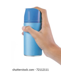 hand using blue spray can. isolated over white background