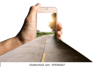 Hand Using Camera On Smart Phone With Isolated On White Background, Road Pop Up.