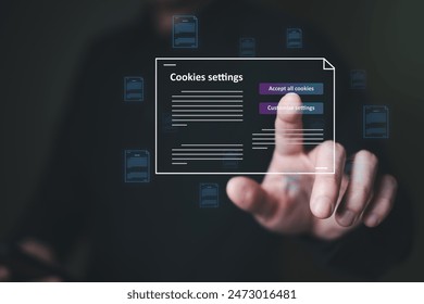 hand using computer laptop while choose to accept internet cookies policy or reject. Customer data privacy concept that allow web browser to collect user data to resell or use for marketing purpose.