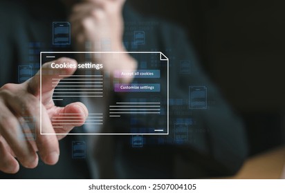 hand using computer laptop while choose to accept internet cookies policy or reject. Customer data privacy concept that allow web browser to collect user data to resell or use for marketing purpose.
