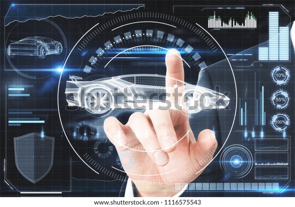 Hand\
using creative digital car interface background. Artificial\
intelligence, transportation and future\
concept.