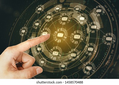 Hand using creative social network interface on dark background. Media, HR and email concept. Double exposure