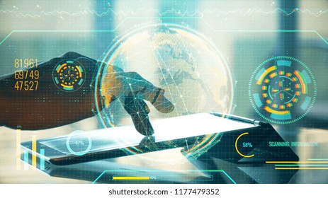 Hand using device with digital globe interface. International trade and finance concept. Double exposure 